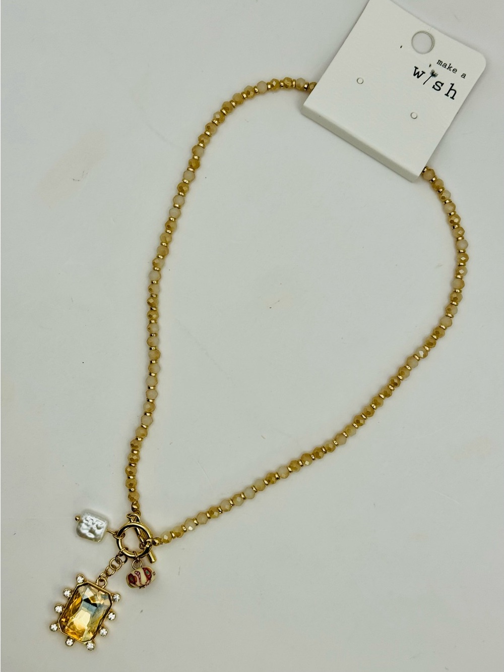Gold and Cream Beaded Pendant Necklace with Champagne Crystal